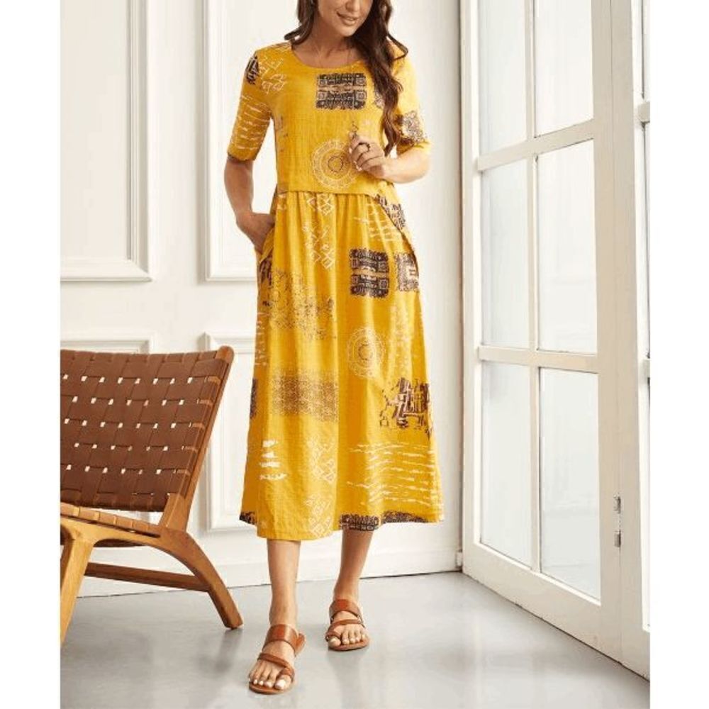 Suzanne Betro Marigold & Brown Abstract Drop Waist Midi Dress S